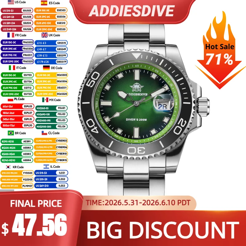 ADDIESDIVE Quartz Watches for Men Fashion Colorful Rubber Stainless 20Bar Waterproof Diver Rotatable Ceramic Bezel Watch AD2089
ADDIESDIVE Quartz Watches for Men Fashion Colorful Rubber Stainless 20Bar Waterproof Diver Rotatable Ceramic Bezel Watch AD2089