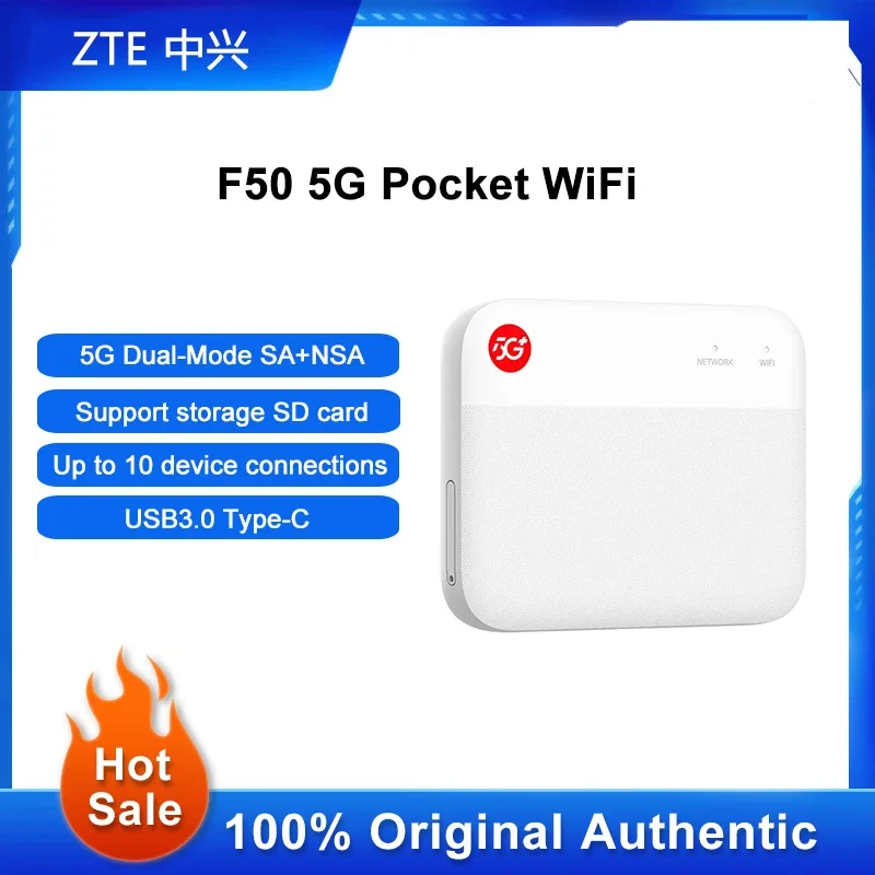 ZTE F50 5G Pocket WiFi Support SA+NSA network Sub-6GHz Portable Modem Mini Outdoor Router (No battery) With Sim Card Slot
ZTE F50 5G Pocket WiFi Support SA+NSA network Sub-6GHz Portable Modem Mini Outdoor Router (No battery) With Sim Card Slot