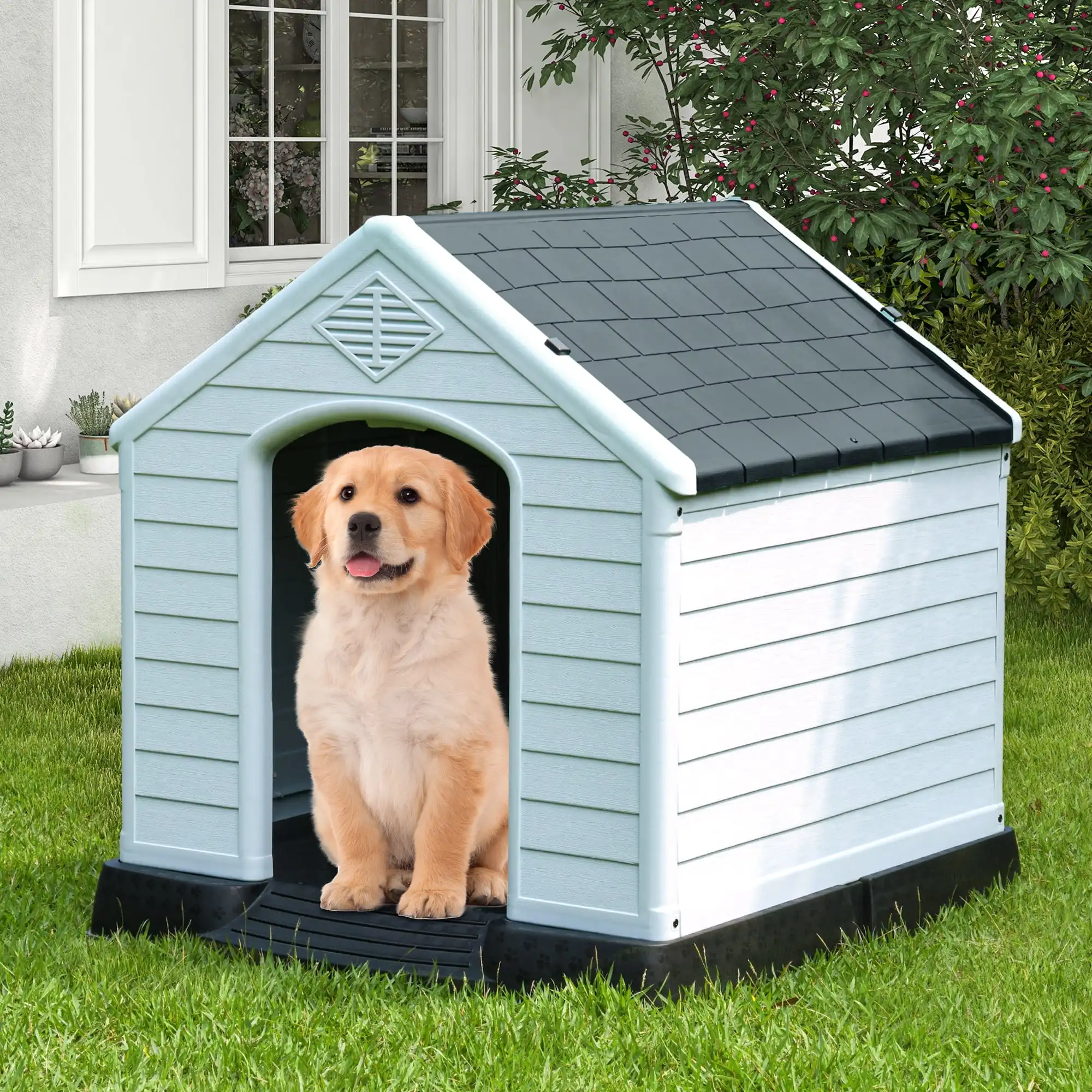 28" Plastic Dog House, Waterproof with Elevated Floor & Air Vents, Easy Clean & Assemble, Gray
28" Plastic Dog House, Waterproof with Elevated Floor & Air Vents, Easy Clean & Assemble, Gray