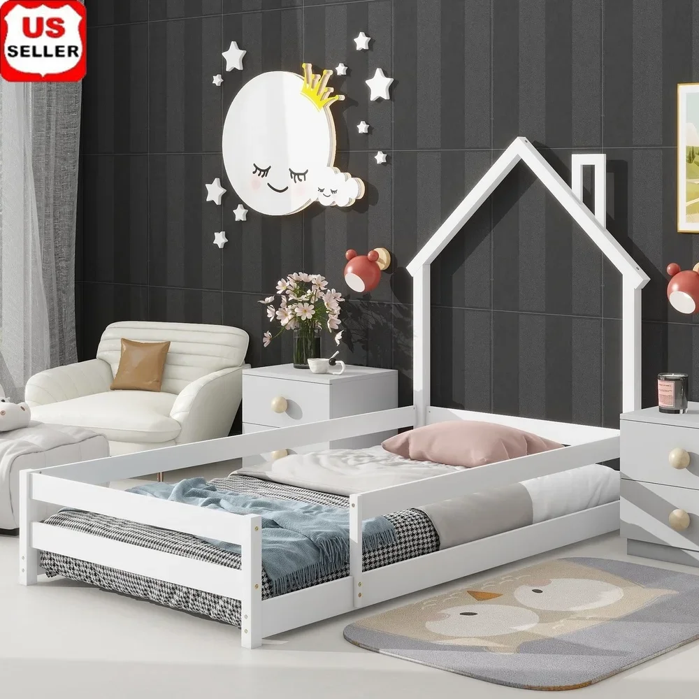 Montessori Twin Floor Bed with House Headboard Safety Rails Built-in Desk and Four Shelves Kids Room
Montessori Twin Floor Bed with House Headboard Safety Rails Built-in Desk and Four Shelves Kids Room