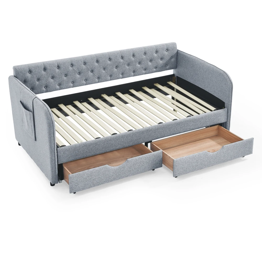 Диван-кровать с двумя подушками и двумя ящиками для хранения вещей, расширяемый диван-кровать для спальни и гостиной, льняной серый цвет
Диван-кровать с двумя подушками и двумя ящиками для хранения вещей, расширяемый диван-кровать для спальни и гостиной, льняной серый цвет