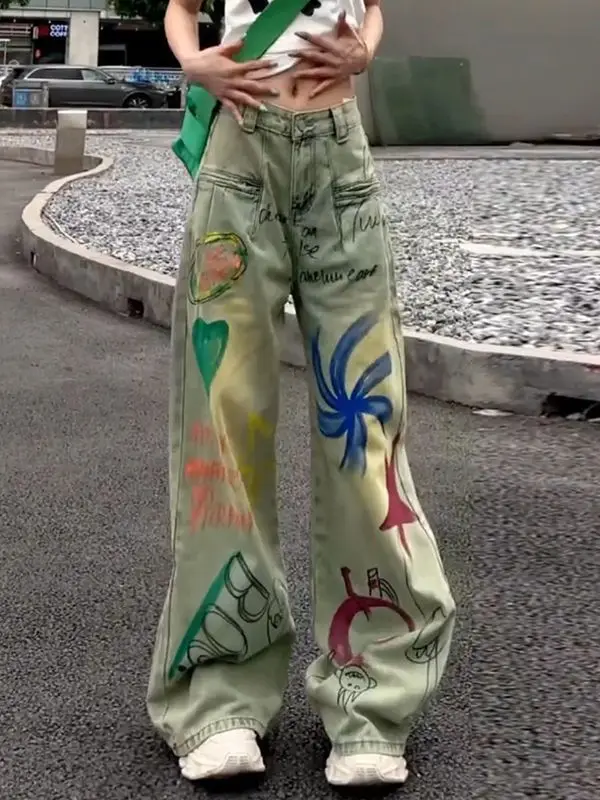 Designer Style Fun Graffiti Print American High Street Denim Wide Leg Pants for Women Summer High-end Floor Mopping Pants With
Designer Style Fun Graffiti Print American High Street Denim Wide Leg Pants for Women Summer High-end Floor Mopping Pants With