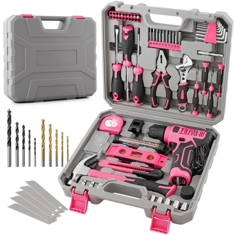 Power Tool Sets with 8V Lithium Drill - Pink Home Repair Tools Kit Set & Magnetic Precision Bits 3-Tier Toolbox
Power Tool Sets with 8V Lithium Drill - Pink Home Repair Tools Kit Set & Magnetic Precision Bits 3-Tier Toolbox
