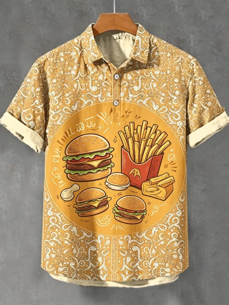 Men's Loose Comfort 3-Button Short Sleeve Shirt, Yellow Paisley Fast Food Graphic Casual Top, Foodie Streetwear Daily Wear
Men's Loose Comfort 3-Button Short Sleeve Shirt, Yellow Paisley Fast Food Graphic Casual Top, Foodie Streetwear Daily Wear