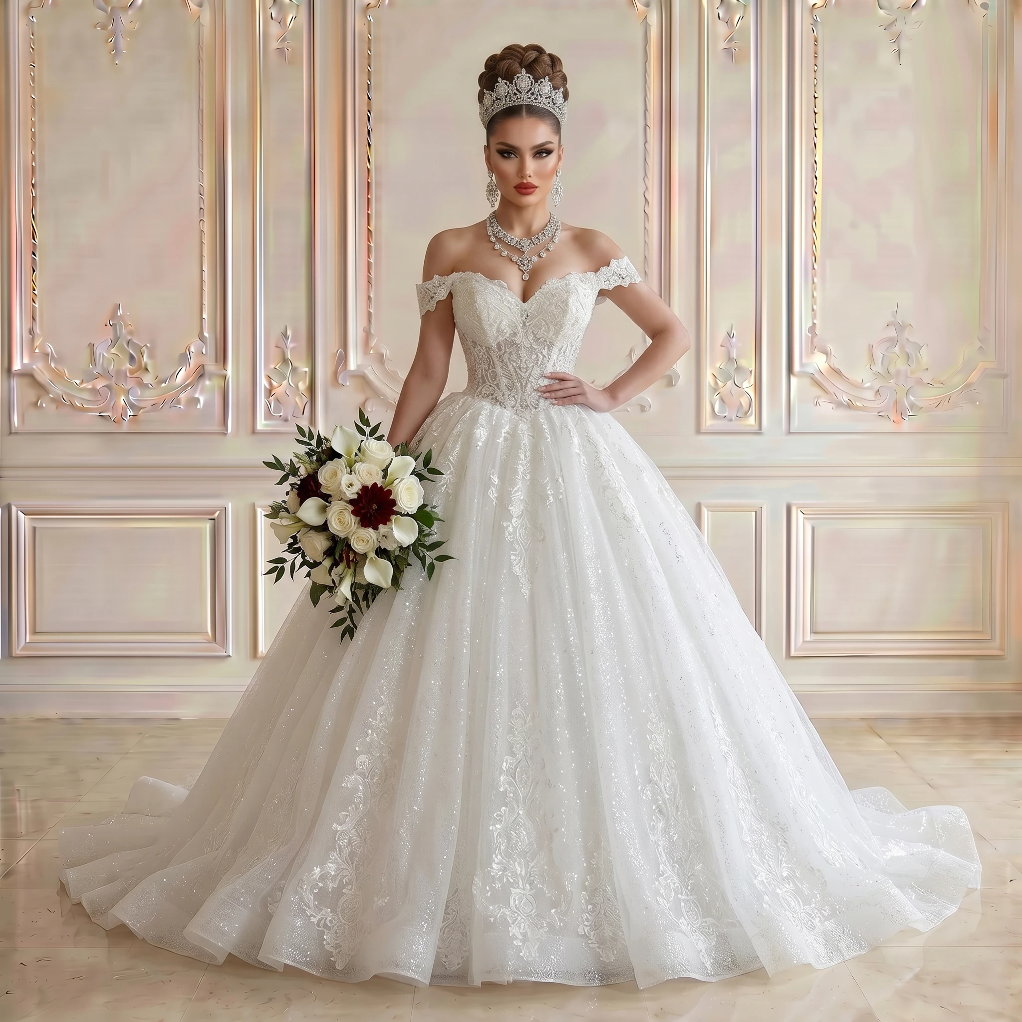 Off Shoulder Sweetheart Ball Gown Wedding Dress Beaded Lace Glitter Tulle Corset Back Long Chapel Train Bridal Gown
Off Shoulder Sweetheart Ball Gown Wedding Dress Beaded Lace Glitter Tulle Corset Back Long Chapel Train Bridal Gown