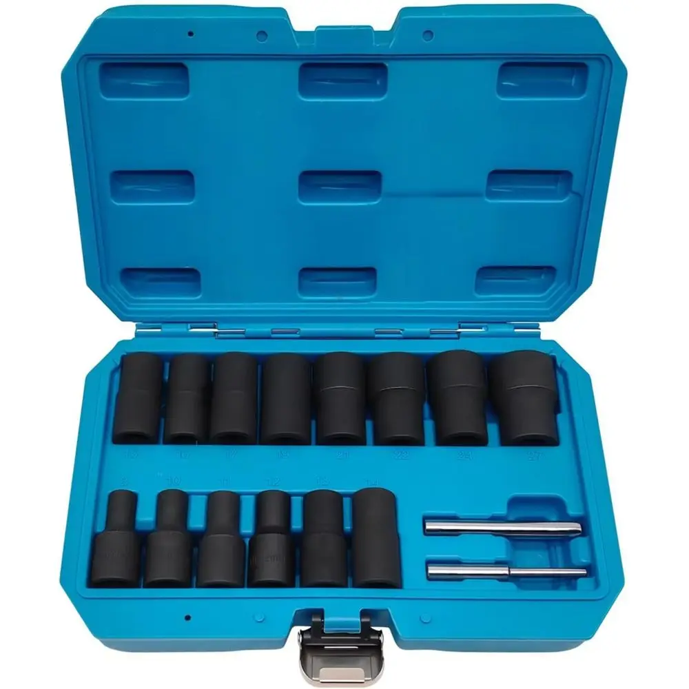 1/2 Drive Lug Nut Socket Set - Damaged Nut Extractor Kit with 8-27mm Sizes & Center Punch
1/2 Drive Lug Nut Socket Set - Damaged Nut Extractor Kit with 8-27mm Sizes & Center Punch