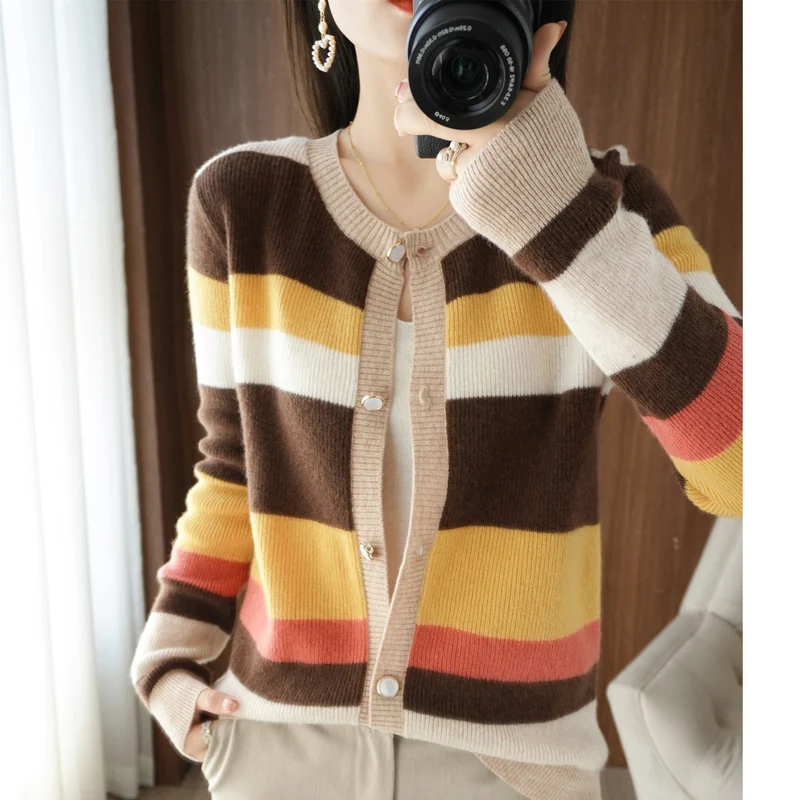 Women Merino Wool Sweater O-neck Knitted Splicing Contrasting Colors Cardigan Autumn Winter Female Casual Slim Bottoming Tops
Women Merino Wool Sweater O-neck Knitted Splicing Contrasting Colors Cardigan Autumn Winter Female Casual Slim Bottoming Tops