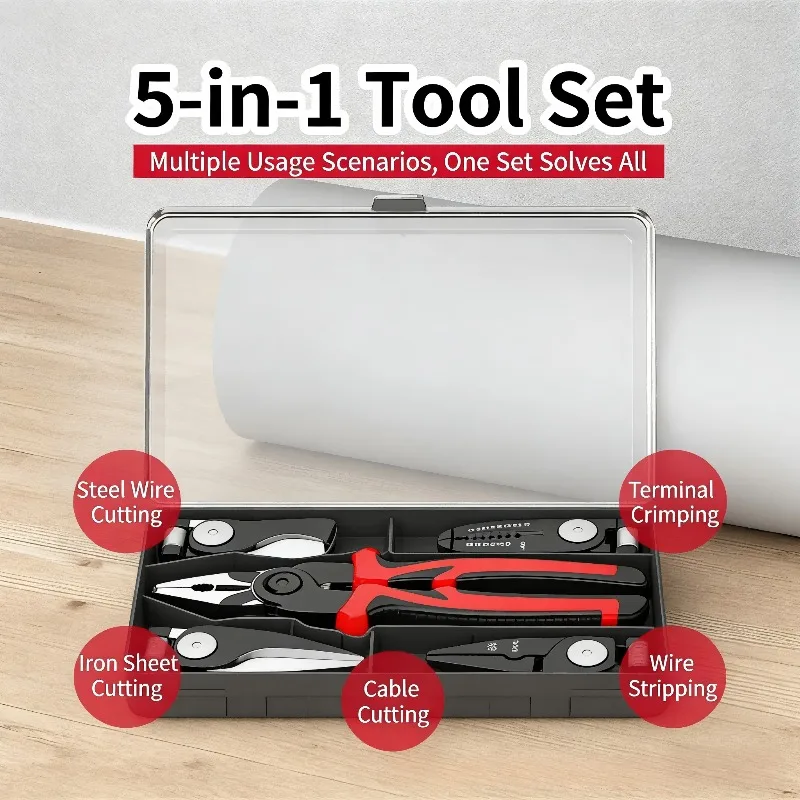 5in1 Multi Function Interchangeable Head Pliers Set, Wire Stripper Crimper Cable Cutter with Ergonomic Handle DIY Home Repair
5in1 Multi Function Interchangeable Head Pliers Set, Wire Stripper Crimper Cable Cutter with Ergonomic Handle DIY Home Repair