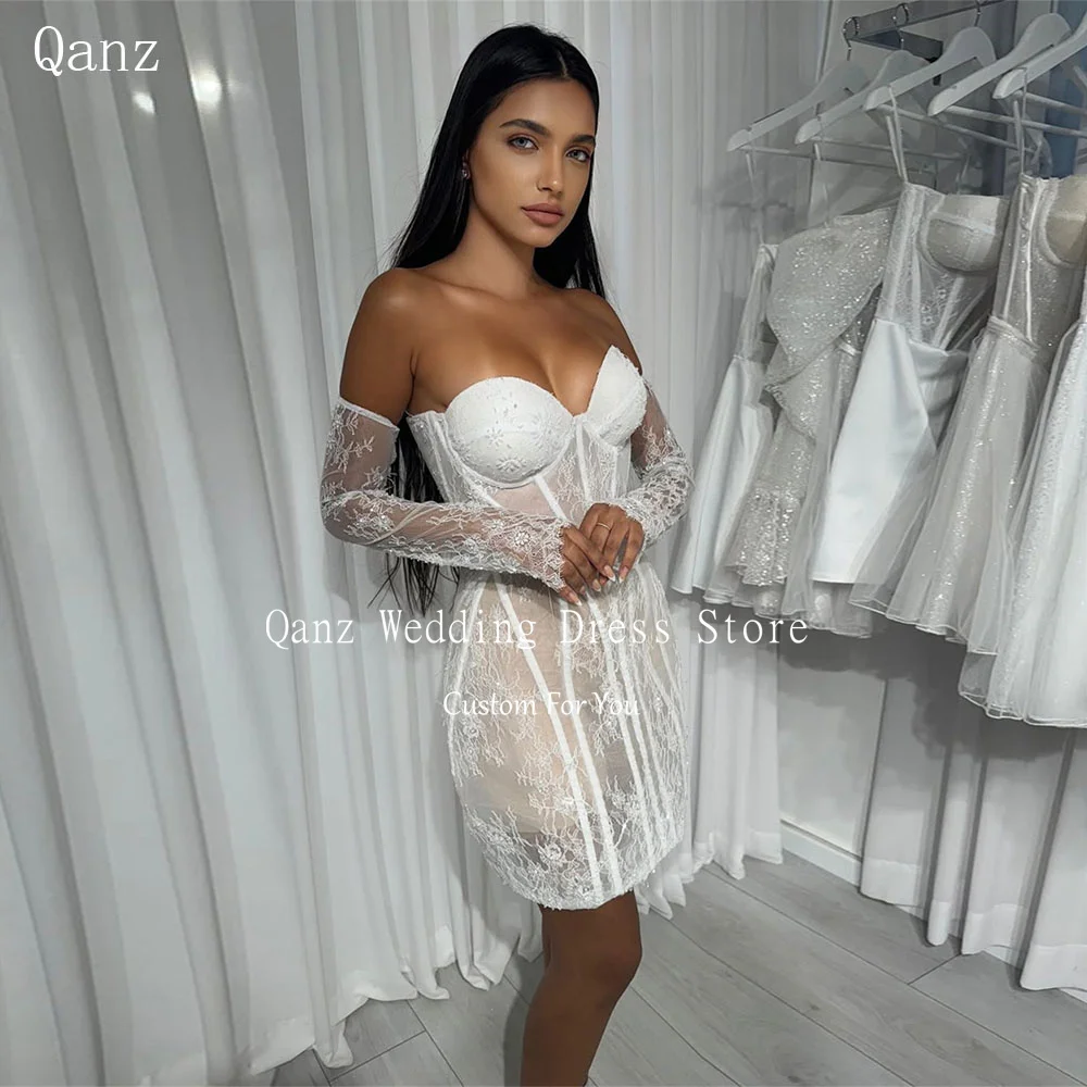 Qanz Sweetheart Short Wedding Party Dresses Lace Appliques Removable Sleeves Vestidos De Novia Corset Back Party Pown Customized
Qanz Sweetheart Short Wedding Party Dresses Lace Appliques Removable Sleeves Vestidos De Novia Corset Back Party Pown Customized