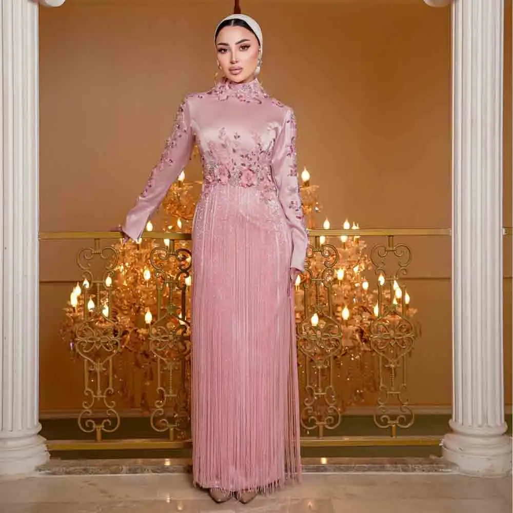 Customized Pink Tassel Muslim Evening Dress Beaded Embroidery Hijab Formal Gown Straight High Neck Long Sleeve Soiree Dresses
Customized Pink Tassel Muslim Evening Dress Beaded Embroidery Hijab Formal Gown Straight High Neck Long Sleeve Soiree Dresses