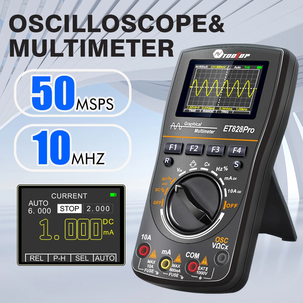 TOOLTOP ET828Pro 2 in 1 Oscilloscope Multimeter True RMS Voltmeter Ammeter Automotive Oscilloscope 10MHz 50Mps/s 6000 Counts
TOOLTOP ET828Pro 2 in 1 Oscilloscope Multimeter True RMS Voltmeter Ammeter Automotive Oscilloscope 10MHz 50Mps/s 6000 Counts