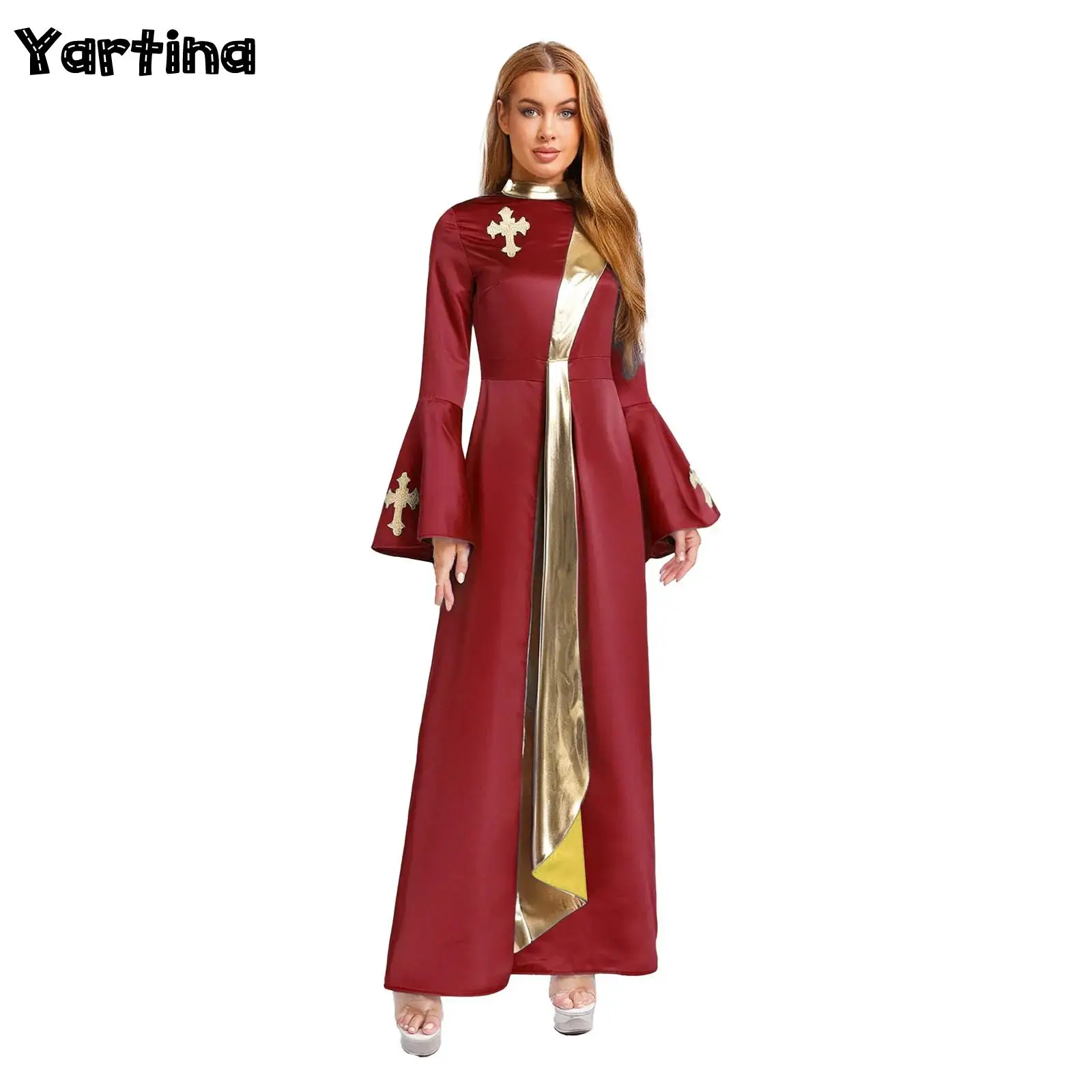 Womens Pastor Church Choir Dress Christian Priest Dress Halloween Costume Metallic Shiny Catholic Clergy Dress with Flared Cuffs 
Womens Pastor Church Choir Dress Christian Priest Dress Halloween Costume Metallic Shiny Catholic Clergy Dress with Flared Cuffs