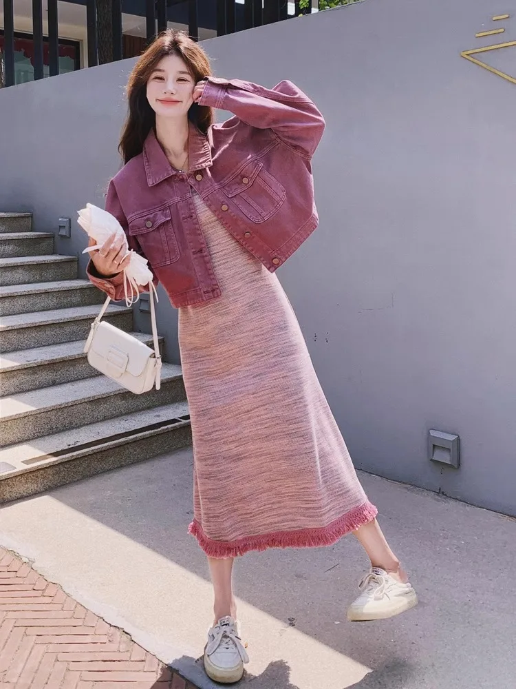 Korean Style plus Size Denim Jacket And Midi Skirt Set Autumn Knitted Dress Two Piece Set High Waist Button up Long Sleeve
Korean Style plus Size Denim Jacket And Midi Skirt Set Autumn Knitted Dress Two Piece Set High Waist Button up Long Sleeve