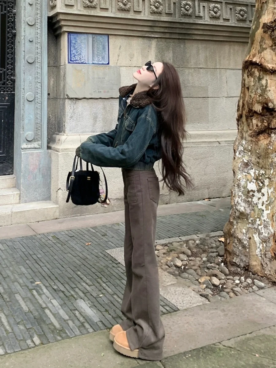 High Waist Slit Wide Leg Denim Jeans Women's Autumn Winter Vintage Coffee Color Small Size Micro Flared Floor-Length Pants
High Waist Slit Wide Leg Denim Jeans Women's Autumn Winter Vintage Coffee Color Small Size Micro Flared Floor-Length Pants