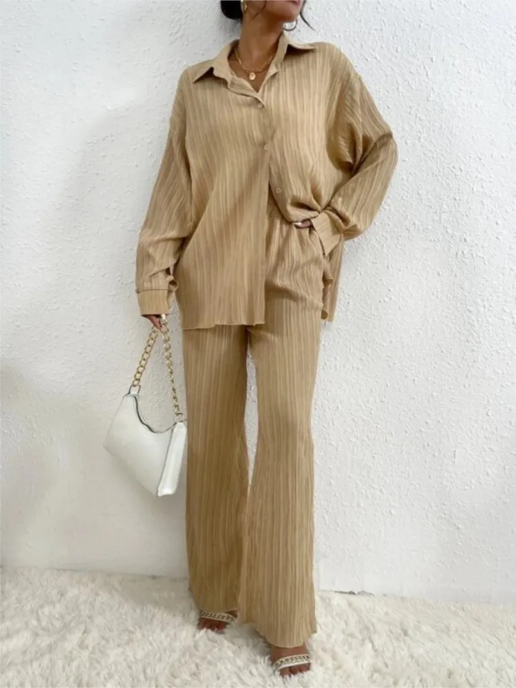 Women's Two Pieces Set Chic And Elegant Fall Long Sleeve Shirt And Straight Pants Sets Casual Wear Conjunto Dos Piezas Mujer
Women's Two Pieces Set Chic And Elegant Fall Long Sleeve Shirt And Straight Pants Sets Casual Wear Conjunto Dos Piezas Mujer