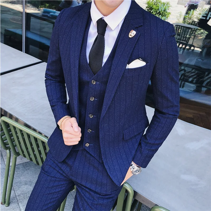 Autumn and Winter New Men Business Striped Suits Black / Blue / Grey Male Wedding Banquet Party Dress Jacket and Pants with Vest
Autumn and Winter New Men Business Striped Suits Black / Blue / Grey Male Wedding Banquet Party Dress Jacket and Pants with Vest