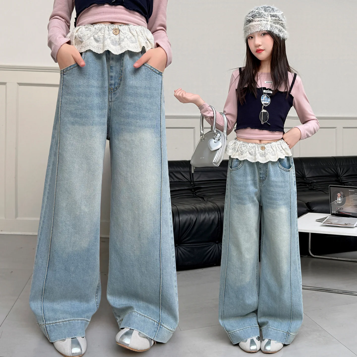 Корейские детские модные джинсы с кружевным поясом для девочек-подростков, модные потертые джинсовые брюки в стиле ретро, детские уличные брюки в стиле хип-хоп
Корейские детские модные джинсы с кружевным поясом для девочек-подростков, модные потертые джинсовые брюки в стиле ретро, детские уличные брюки в стиле хип-хоп