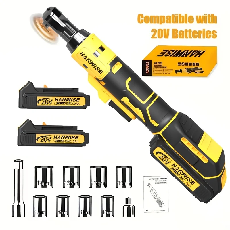 HANWISE 20V Cordless Electric Ratchet Wrench Tool Set, 60 Foot Pounds, 400 RPM, 3/8 "Drive & 1/4" Adapter, with Two Batteries And A Quick Charger, Suitable for Car Repair And Maintenance, Home DIY, Construction
HANWISE 20V Cordless Electric Ratchet Wrench Tool Set, 60 Foot Pounds, 400 RPM, 3/8 "Drive & 1/4" Adapter, with Two Batteries And A Quick Charger, Suitable for Car Repair And Maintenance, Home DIY, Construction