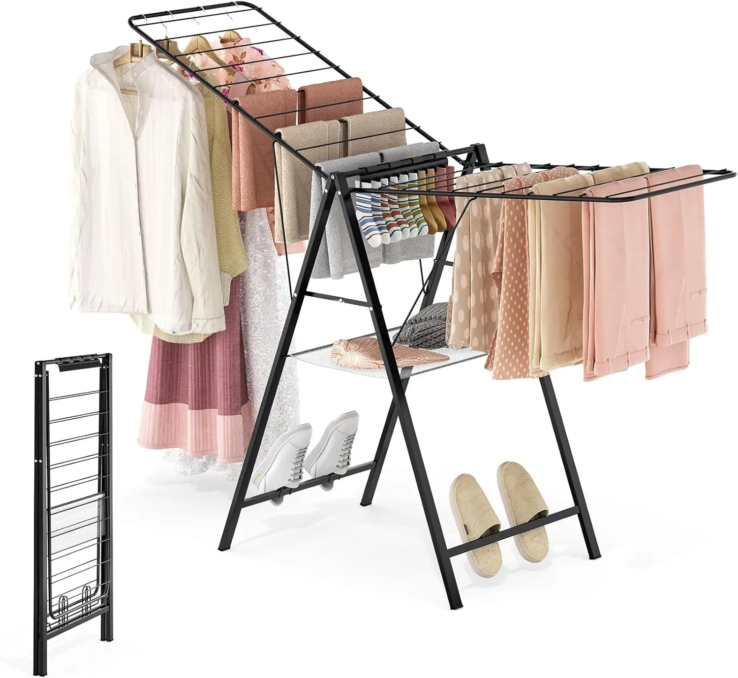 Foldable Clothes Drying Rack, 2-Tier with 22 Rails & 4 Shoe Slots, Height Adjustable, Ultra Thin, Indoor Outdoor Use, Black
Foldable Clothes Drying Rack, 2-Tier with 22 Rails & 4 Shoe Slots, Height Adjustable, Ultra Thin, Indoor Outdoor Use, Black