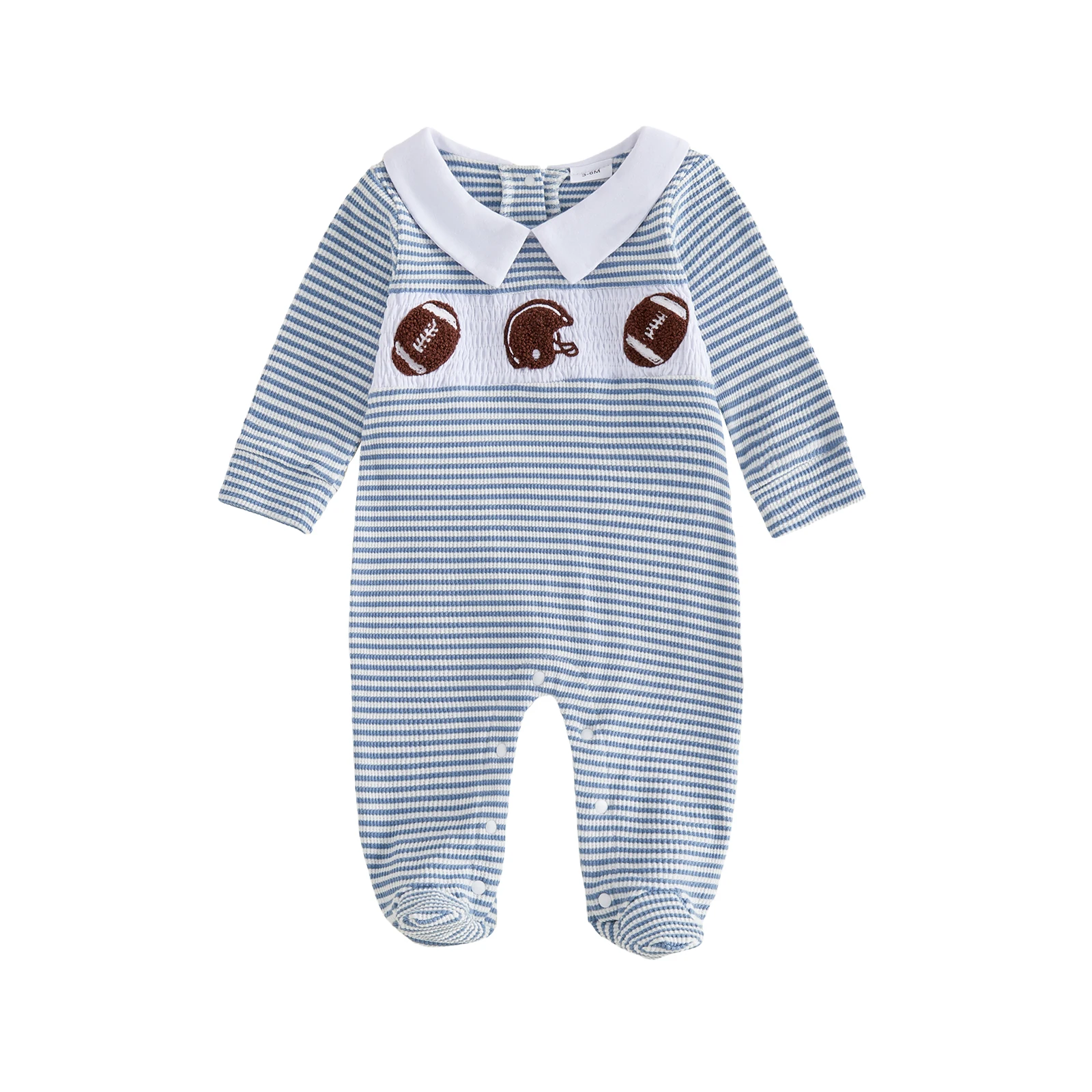 Newborn Baby Boy Footed Romper Striped Football Embroidered Long Sleeve Smocked Jumpsuit Infant Footies
Newborn Baby Boy Footed Romper Striped Football Embroidered Long Sleeve Smocked Jumpsuit Infant Footies