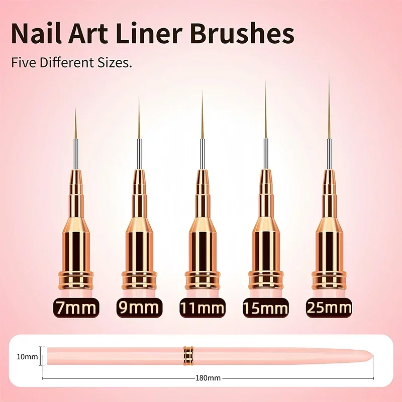 7/9/11/15/25MM Nail Liner Brush Set UV Gel Nail Brushes Kits 5pcs French Stripe Line Painting Drawing Flower Pen Manicure Tools
7/9/11/15/25MM Nail Liner Brush Set UV Gel Nail Brushes Kits 5pcs French Stripe Line Painting Drawing Flower Pen Manicure Tools