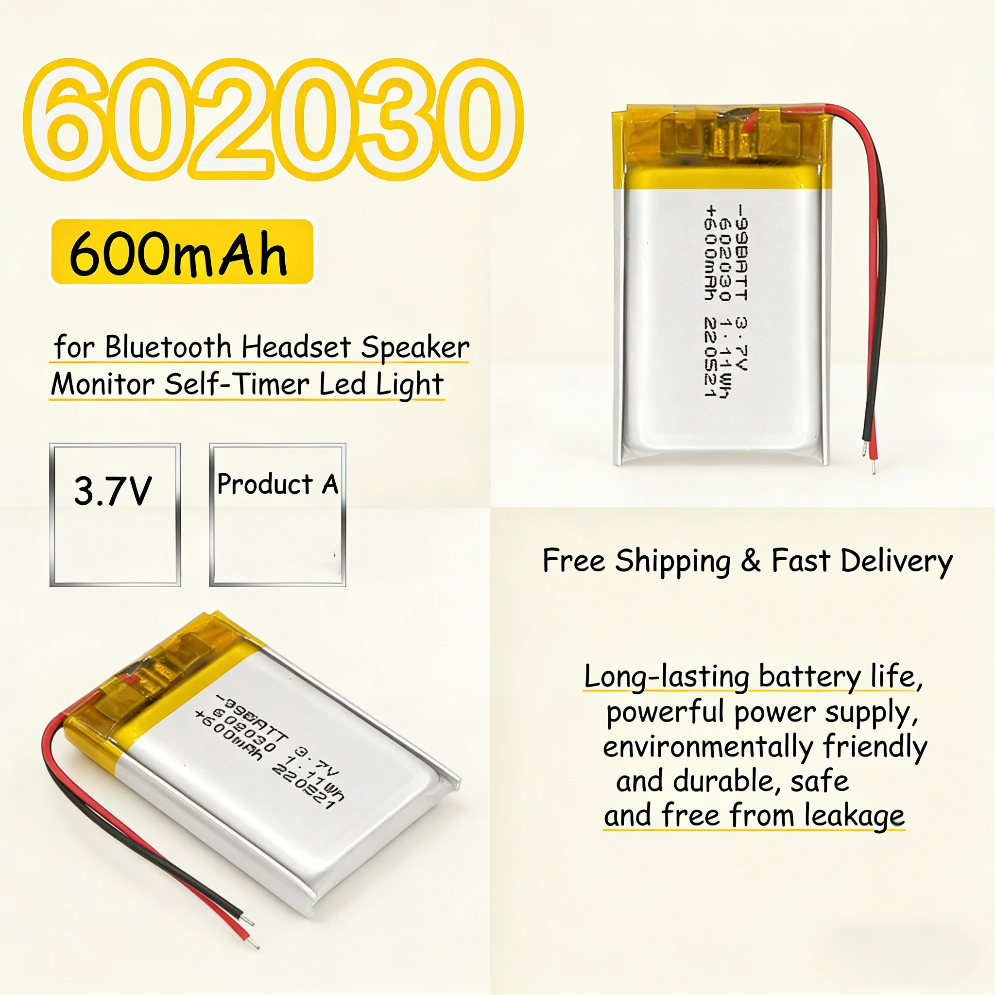 602030 3.7V 300mAh High Capacity Li-Polymer Battery Rechargeable Cell for TWS Earbuds Portable Speaker Smart Watch
602030 3.7V 300mAh High Capacity Li-Polymer Battery Rechargeable Cell for TWS Earbuds Portable Speaker Smart Watch