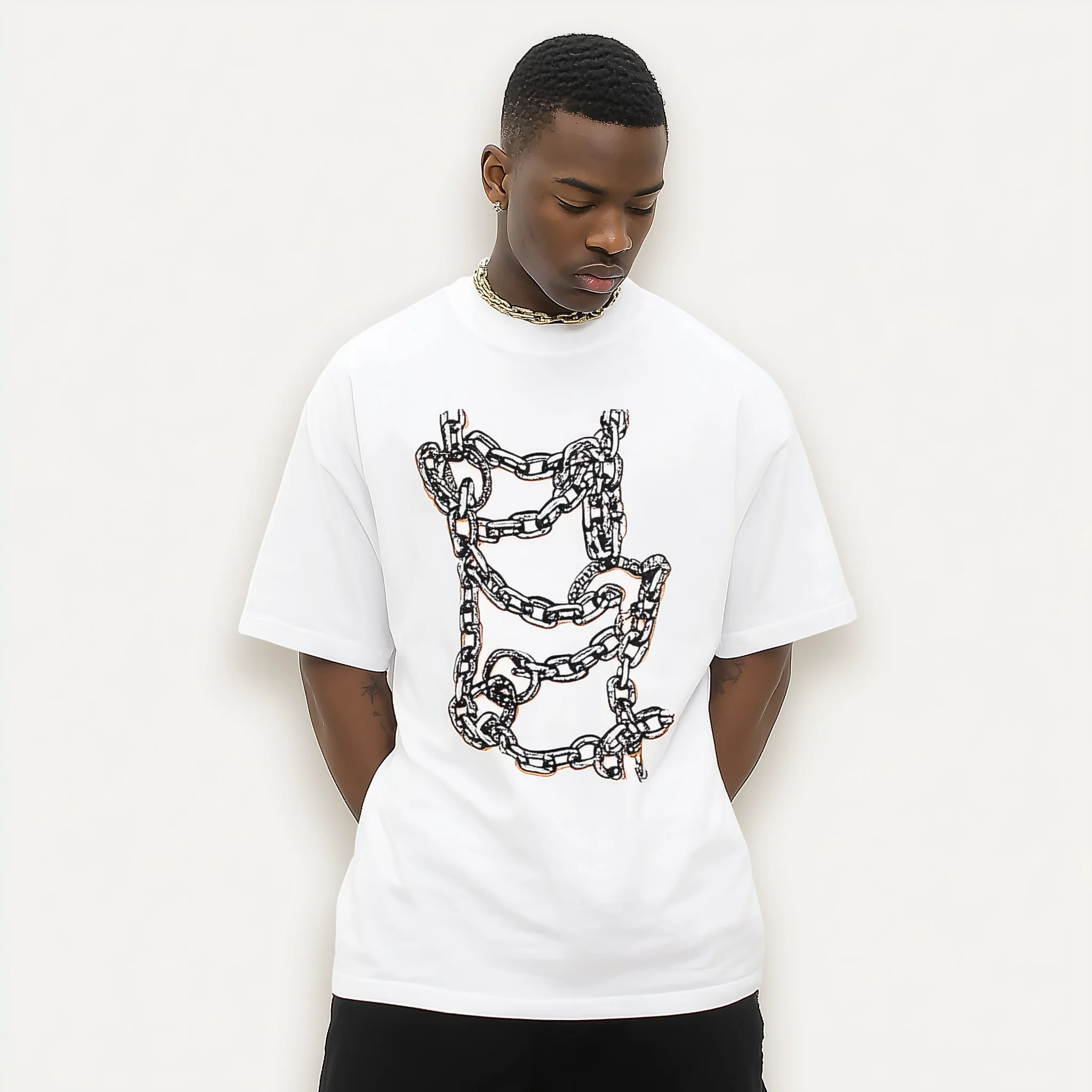 Teevo White Crew Neck T-Shirt with Chain Link Graphic Print for Casual Wear
Teevo White Crew Neck T-Shirt with Chain Link Graphic Print for Casual Wear
