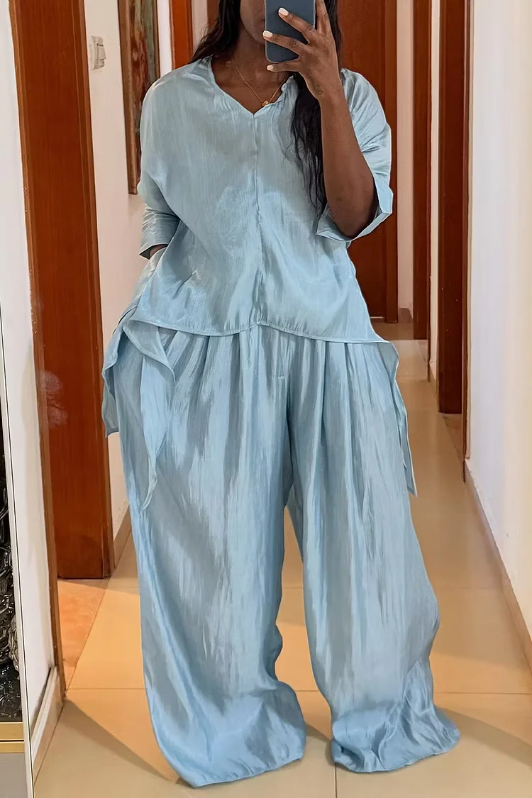 Women's Two Piece Sets Business Casual Light Blue V Neck Half Sleeve Asymmetric Hem Ruffle Two Piece Pant Sets
Women's Two Piece Sets Business Casual Light Blue V Neck Half Sleeve Asymmetric Hem Ruffle Two Piece Pant Sets
