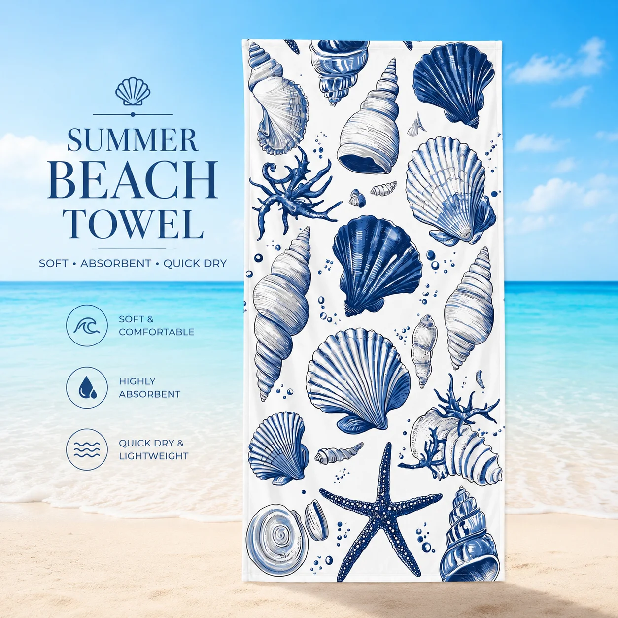 Blue Seashell Starfish Beach Towel 2D Flat Printed Peach Skin Quick Dry Bath Towel Summer Ocean Pool Swimming Travel Towel
Blue Seashell Starfish Beach Towel 2D Flat Printed Peach Skin Quick Dry Bath Towel Summer Ocean Pool Swimming Travel Towel
