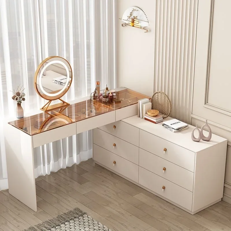 Modern Corner Makeup Vanity Table Storage with LED Mirror and Makeup Table with 6 Drawers & Storage Shelves Dressers for Bedroom
Modern Corner Makeup Vanity Table Storage with LED Mirror and Makeup Table with 6 Drawers & Storage Shelves Dressers for Bedroom
