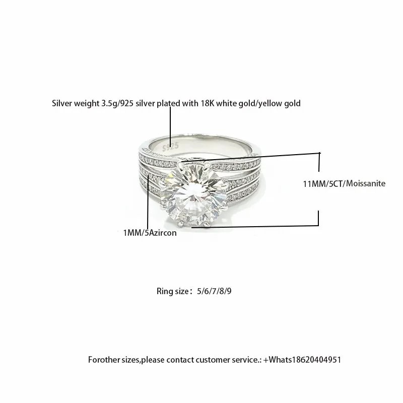 Hot Sale S925 Sterling Silver Plated 18K White/Yellow Gold 3.5g Multi-Layer Ring - 11MM 5CT Moissanite 1MM 5A Zircon, 5-9 Sizes
Hot Sale S925 Sterling Silver Plated 18K White/Yellow Gold 3.5g Multi-Layer Ring - 11MM 5CT Moissanite 1MM 5A Zircon, 5-9 Sizes