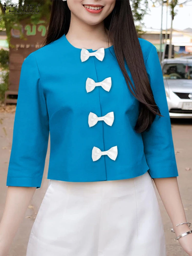 Vintage Bowtie Stitching Blouse ZANZEA Fashion 3/4 Sleeve Tops 2025 Spring Waisted Short Blusas Korean Women Commuting Shirts
Vintage Bowtie Stitching Blouse ZANZEA Fashion 3/4 Sleeve Tops 2025 Spring Waisted Short Blusas Korean Women Commuting Shirts
