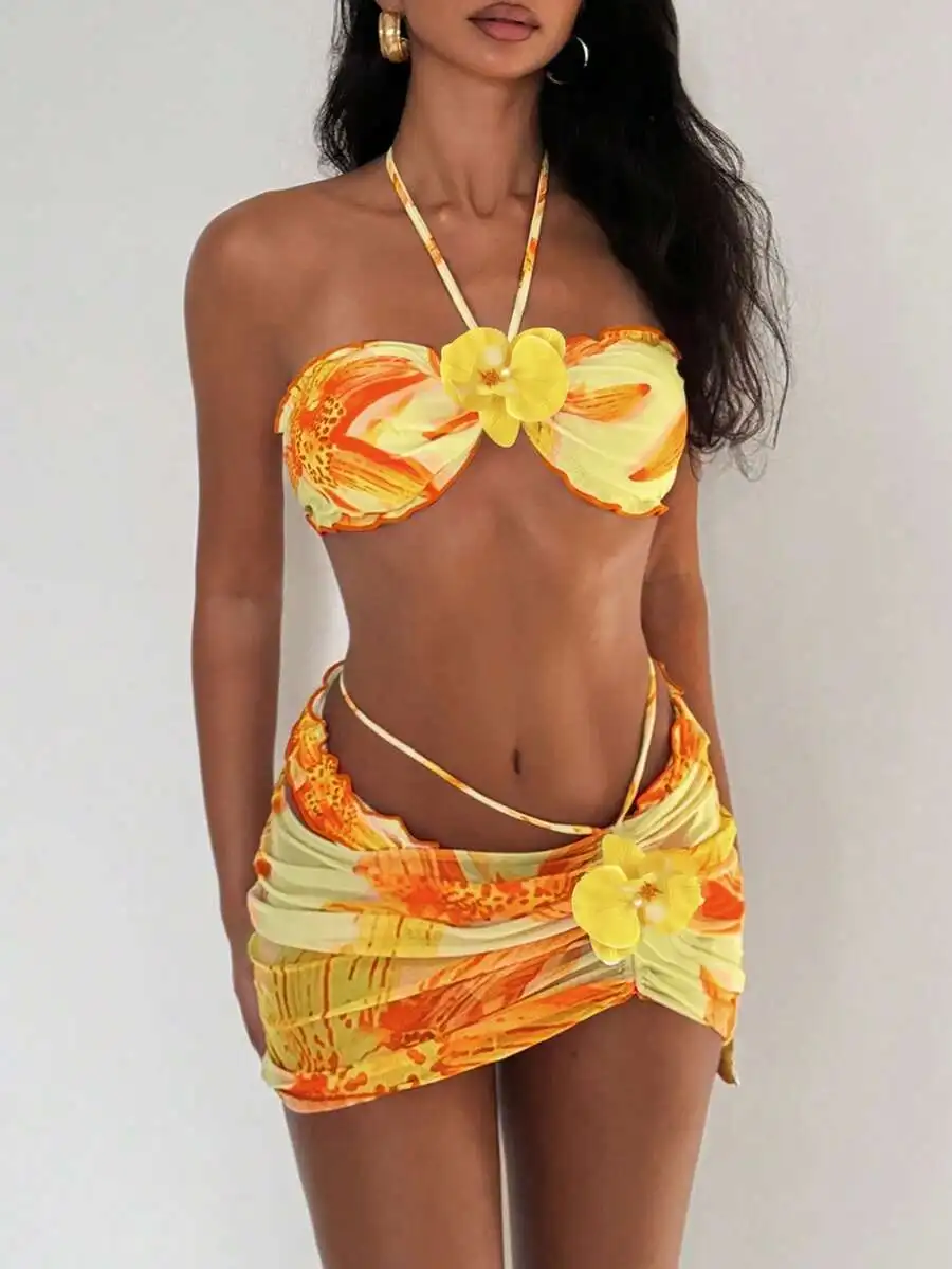 Yellow Floral Print 3D Flower Halter Crop Top With Matching Swim Bottoms And Wrap Skirt Set For Beach Pool Vacation
Yellow Floral Print 3D Flower Halter Crop Top With Matching Swim Bottoms And Wrap Skirt Set For Beach Pool Vacation