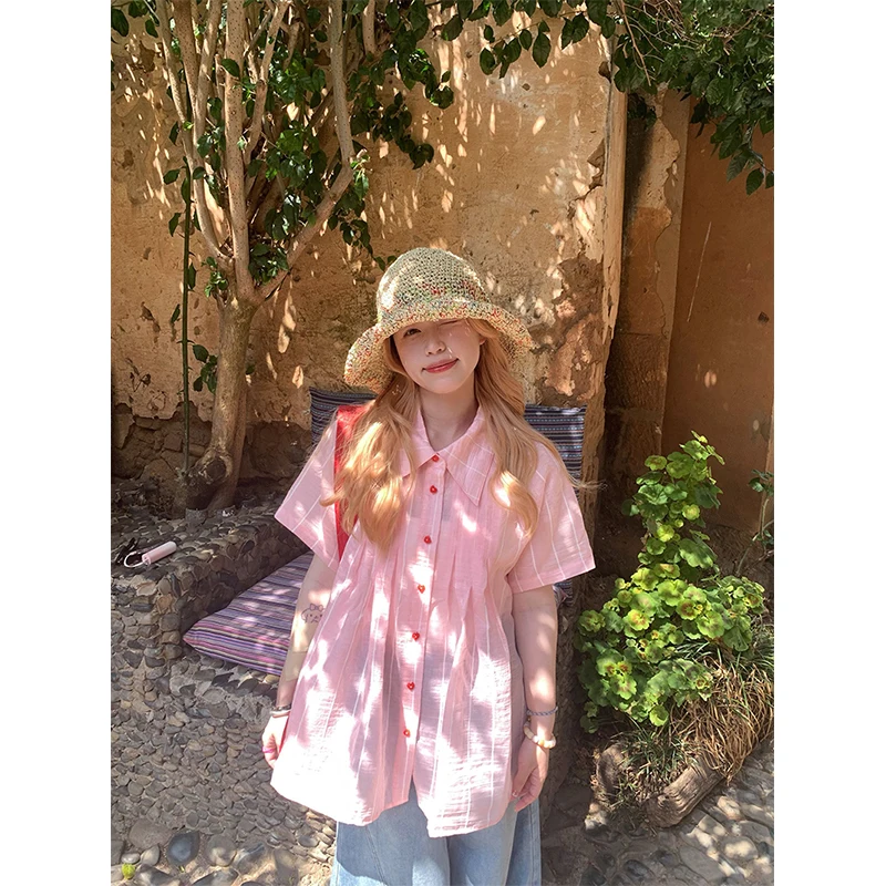 Harajuku Striped Shirts Women Fashion Pink Sheer Blouses Summer Streetwear Korean Short Sleeve Single Breasted Casual Tops New
Harajuku Striped Shirts Women Fashion Pink Sheer Blouses Summer Streetwear Korean Short Sleeve Single Breasted Casual Tops New