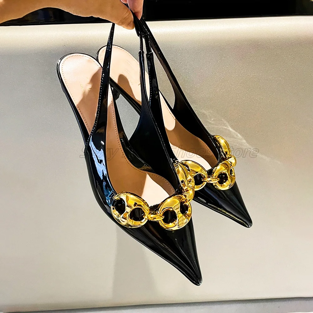 French Pointed Thick Heel Women's High Heels Dinner Metal Chain Patent Leather Shallow Mouth Single Shoe Sandals
French Pointed Thick Heel Women's High Heels Dinner Metal Chain Patent Leather Shallow Mouth Single Shoe Sandals