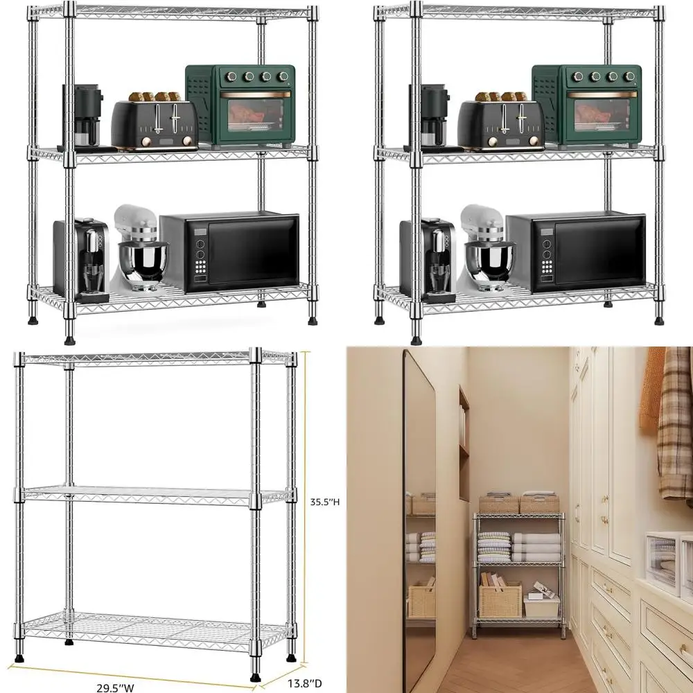 3-Tier Metal Wire Shelving Unit, Ideal for Storage in Kitchen, Laundry, Pantry, Closet, and Garage
3-Tier Metal Wire Shelving Unit, Ideal for Storage in Kitchen, Laundry, Pantry, Closet, and Garage