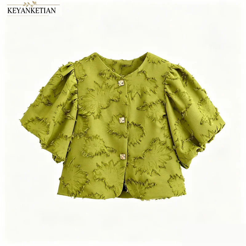KEYANKETIAN 2026 Elegant Textured Floral Crop Blouse Round Neck Square Button Puff Cap Sleeve Small Figure Daily Outerwear
KEYANKETIAN 2026 Elegant Textured Floral Crop Blouse Round Neck Square Button Puff Cap Sleeve Small Figure Daily Outerwear
