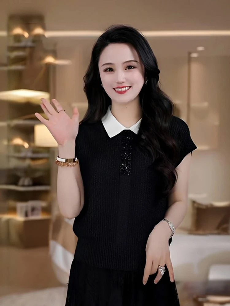 Elegant Color Block Silk Knitted Short Sleeve Women's Slim Fit Neck T-Shirt Stylish Casual Breathable Top
Elegant Color Block Silk Knitted Short Sleeve Women's Slim Fit Neck T-Shirt Stylish Casual Breathable Top