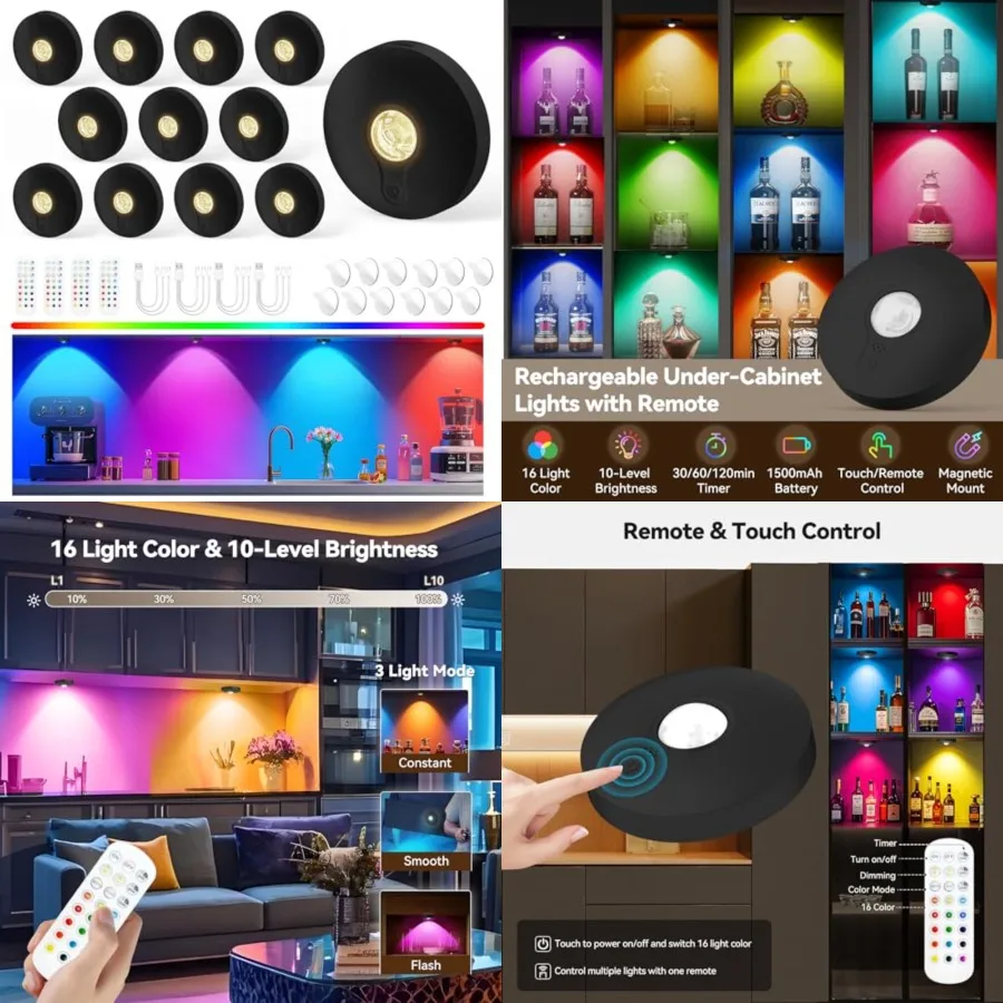 Rechargeable Puck Lights with Remote, Magnetic Under Cabinet Lighting, 1500mAh Battery Operated LED Tap Lights with Dimmer and
Rechargeable Puck Lights with Remote, Magnetic Under Cabinet Lighting, 1500mAh Battery Operated LED Tap Lights with Dimmer and