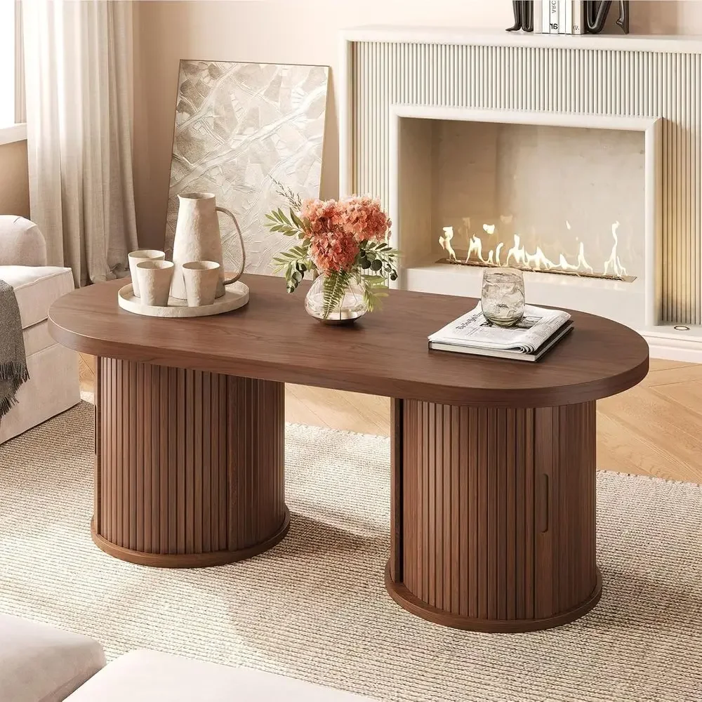 47 Luted Oval Coffee Table with Storage Legs, 20th Century Modern Center Table with Sliding Doors, Walnut Finish
47 Luted Oval Coffee Table with Storage Legs, 20th Century Modern Center Table with Sliding Doors, Walnut Finish