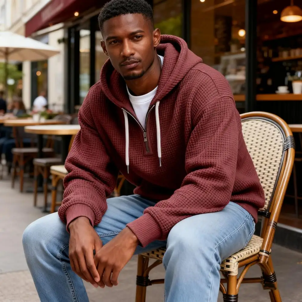 Уличная повседневная толстовка с капюшоном для мужчин, мужская толстовка на молнии на четверть, вафельный вязаный пуловер, толстовка с карманом на шнурке, повседневная свободная длина
Уличная повседневная толстовка с капюшоном для мужчин, мужская толстовка на молнии на четверть, вафельный вязаный пуловер, толстовка с карманом на шнурке, повседневная свободная длина