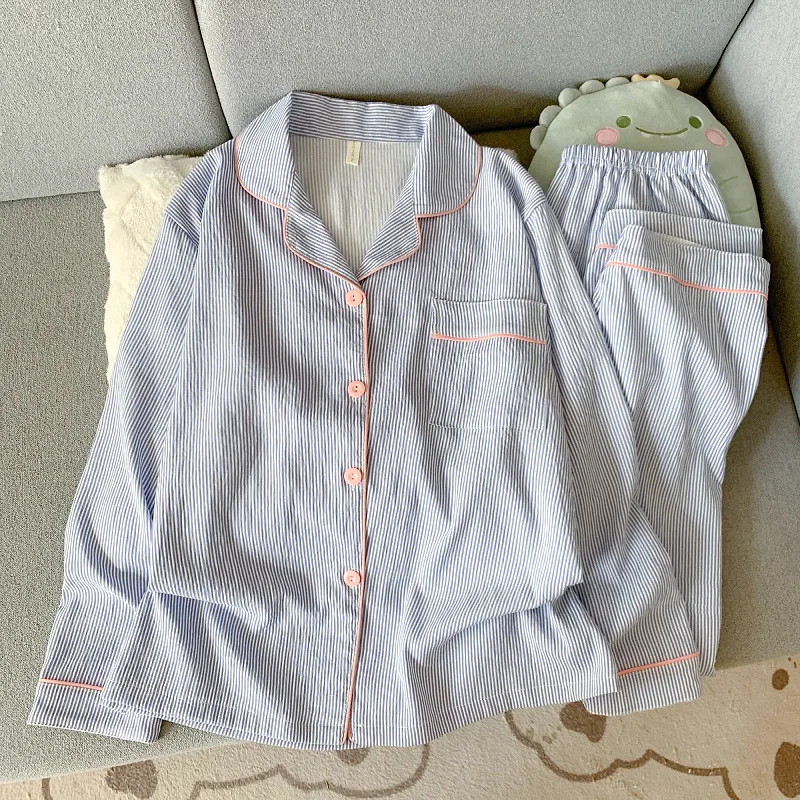 Spring and Autumn New Striped Pajamas Women's Long Sleeve Cardigan Flip Collar Sweet and Cute Home Clothes Two Piece Set
Spring and Autumn New Striped Pajamas Women's Long Sleeve Cardigan Flip Collar Sweet and Cute Home Clothes Two Piece Set