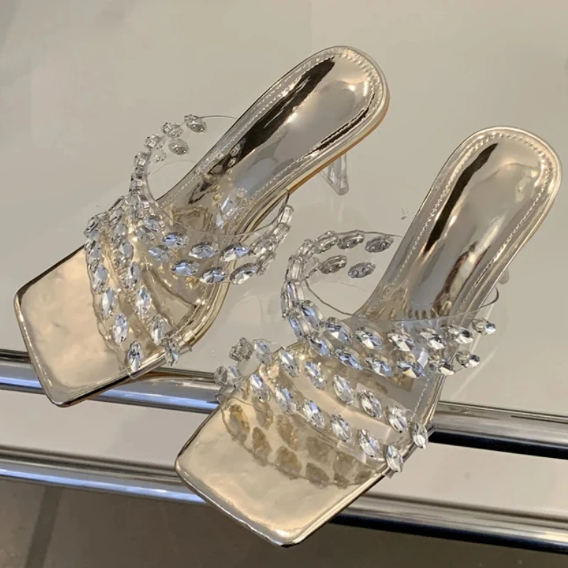 Sexy Transparent PVC Silver Narrow Band Women Slippers Fashion Square Toe Shallow Mouth Slides Shoes Summer Crystal High Heels
Sexy Transparent PVC Silver Narrow Band Women Slippers Fashion Square Toe Shallow Mouth Slides Shoes Summer Crystal High Heels