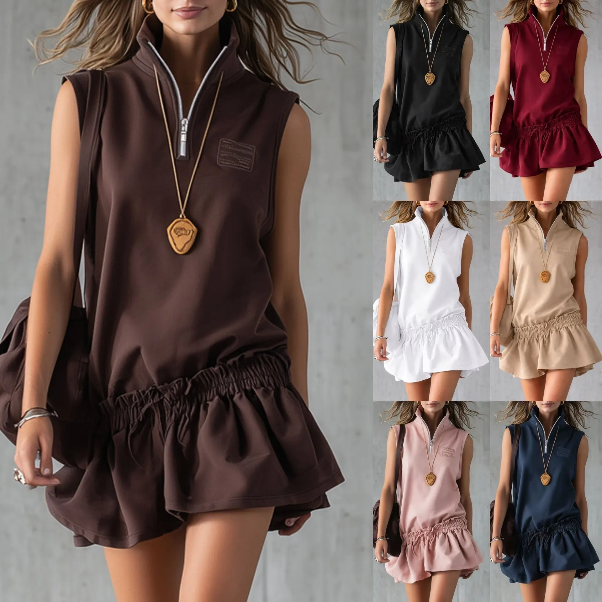 Summer Women's Clothing Zipper Ruffle Sleeveless Mini Dress Sporty Streetwear Polyester Loose Fit Geometric Pattern Design
Summer Women's Clothing Zipper Ruffle Sleeveless Mini Dress Sporty Streetwear Polyester Loose Fit Geometric Pattern Design