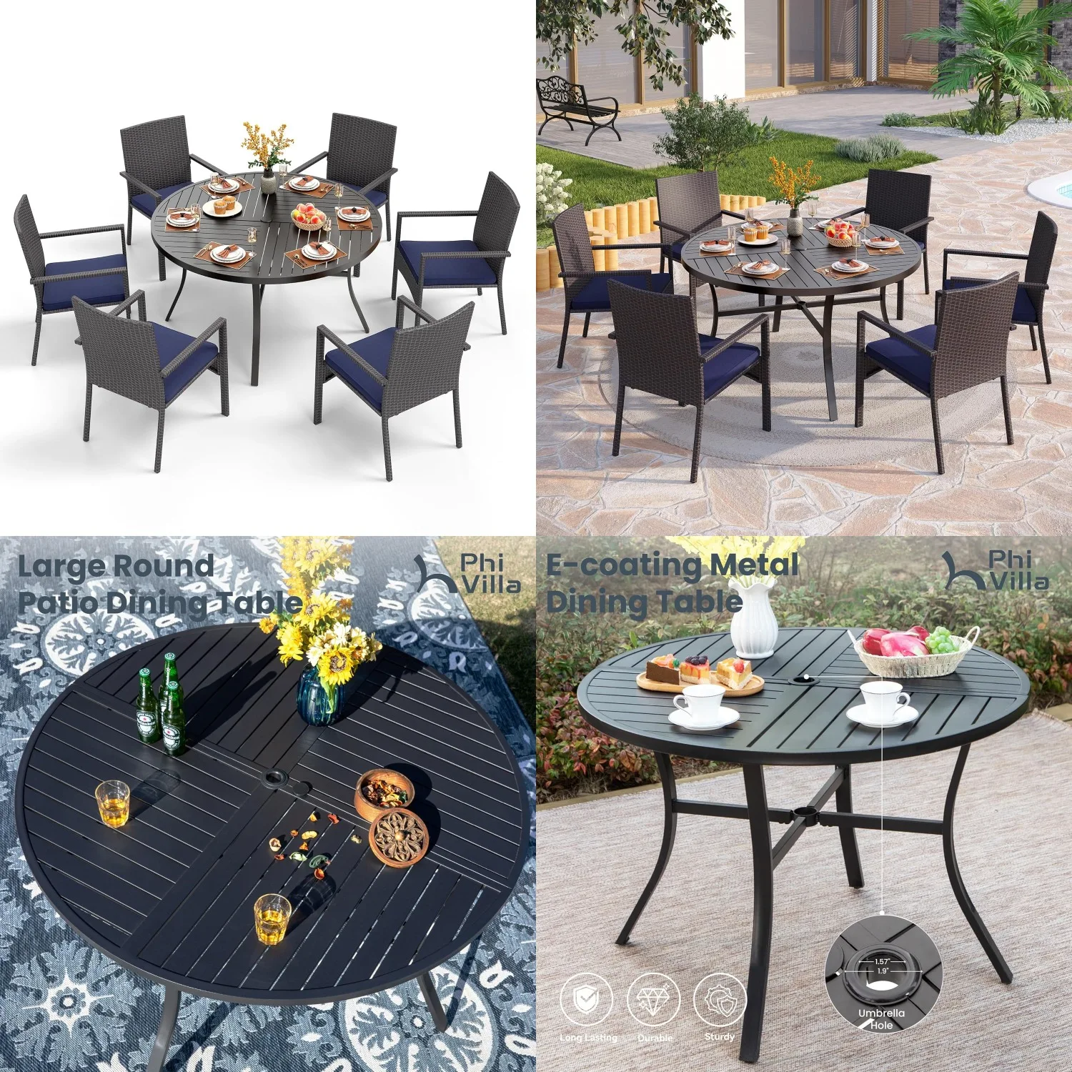 7pc Round Outdoor Dining Set for 6, Wrought Iron Table with Umbrella Hole & Cushioned Wicker Chairs, Patio, Customized
7pc Round Outdoor Dining Set for 6, Wrought Iron Table with Umbrella Hole & Cushioned Wicker Chairs, Patio, Customized
