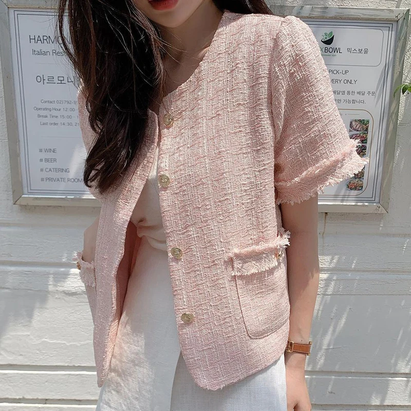 Summer Jacket Women's Round neck Short Sleeve Single Breasted Pink Tweed Jacket Elegant Simple Korean Thin Cropped Jacket
Summer Jacket Women's Round neck Short Sleeve Single Breasted Pink Tweed Jacket Elegant Simple Korean Thin Cropped Jacket