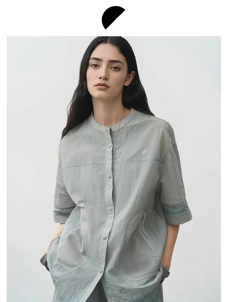 Lightweight Sporty Women's Shirt Half round Original Design Summer Loose Casual Outerwear Small Stand Collar Short Sleeve
Lightweight Sporty Women's Shirt Half round Original Design Summer Loose Casual Outerwear Small Stand Collar Short Sleeve