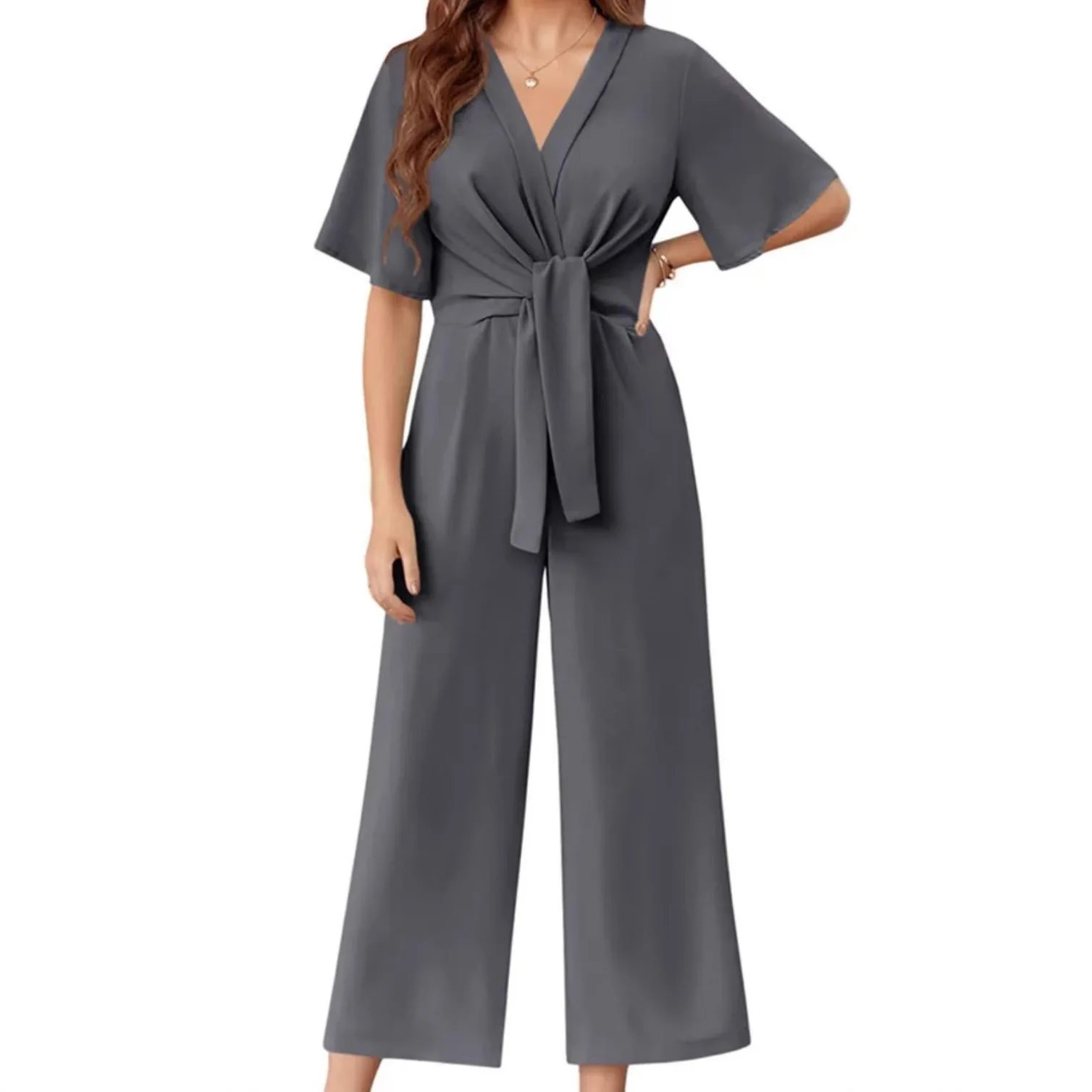 Simple Solid Color Jumpsuits Women Summer V-neck Half Sleeves High Waist Leace-up Wide Legs Jumpsuit Lady Commuting Clothing
Simple Solid Color Jumpsuits Women Summer V-neck Half Sleeves High Waist Leace-up Wide Legs Jumpsuit Lady Commuting Clothing