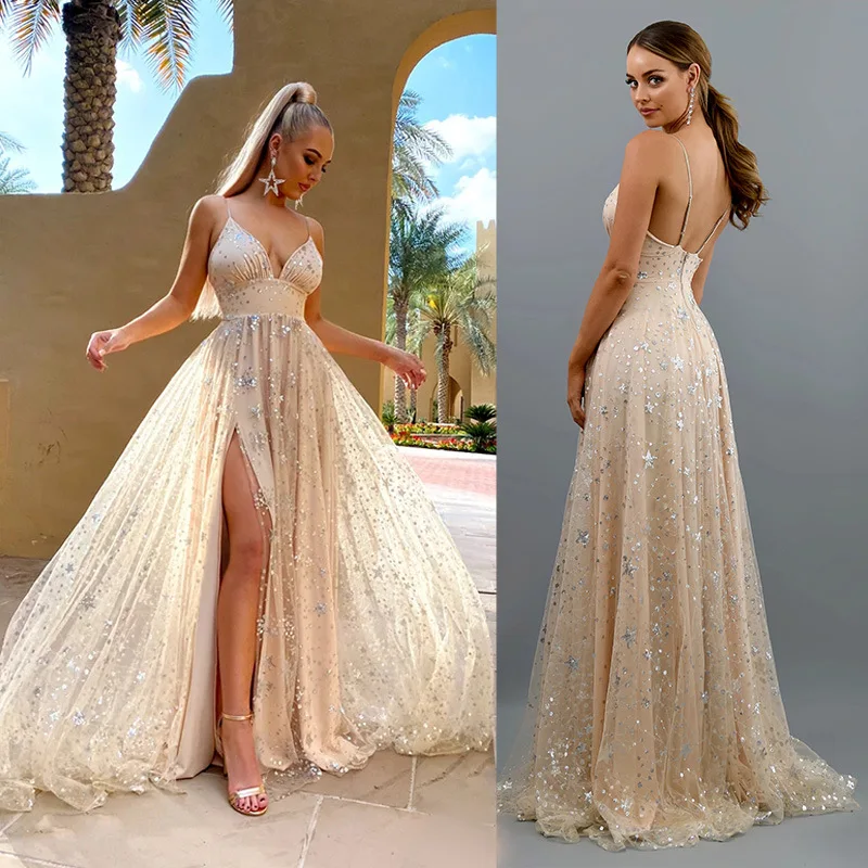 Sexy Elegant A-Line Evening Dress Spaghetti Strap Sleeveless Tulle Sequin High Split Court Train Prom Gown 2025 Free Customized
Sexy Elegant A-Line Evening Dress Spaghetti Strap Sleeveless Tulle Sequin High Split Court Train Prom Gown 2025 Free Customized