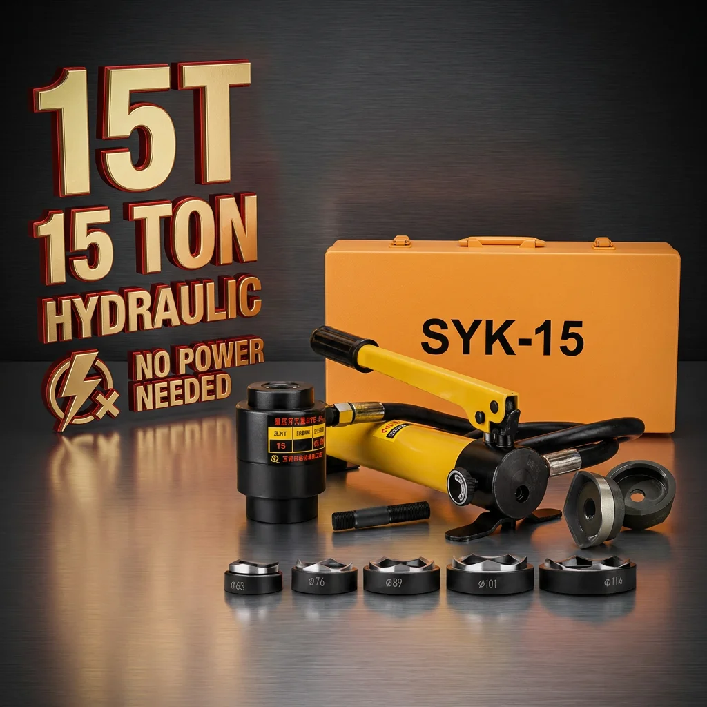 SYK-15 Hydraulic Knockout Punch Cutting Kit 15Ton Manual Digger Hole Puncher Driver with 5 Dies (63/76/89/101/114mm) Panel Box
SYK-15 Hydraulic Knockout Punch Cutting Kit 15Ton Manual Digger Hole Puncher Driver with 5 Dies (63/76/89/101/114mm) Panel Box
